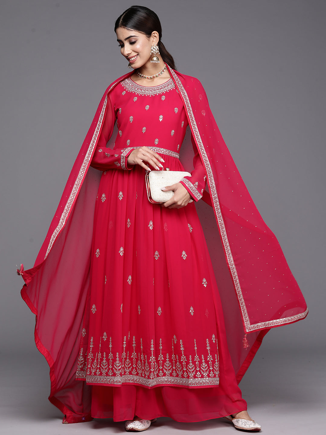 Hot Pink Embroidered Georgette A-Line Kurta With Palazzos & Dupatta