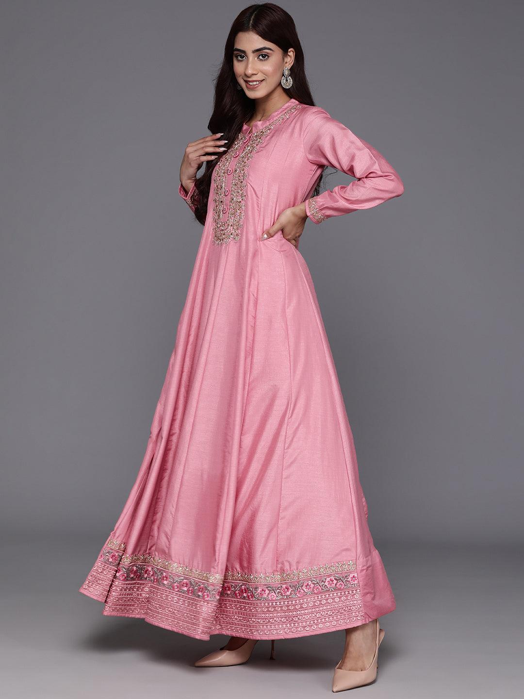 Libas Art Pink Yoke Design Silk Anarkali Kurta With Trousers & Dupatta - ShopLibas