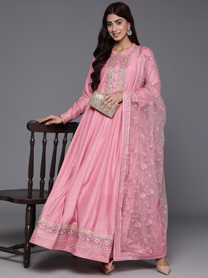 Libas Art Pink Yoke Design Silk Anarkali Kurta With Trousers & Dupatta - ShopLibas