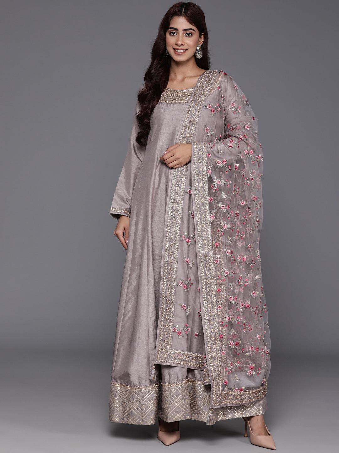 Libas Art Grey Yoke Design Silk Anarkali Kurta With Trousers & Dupatta - ShopLibas