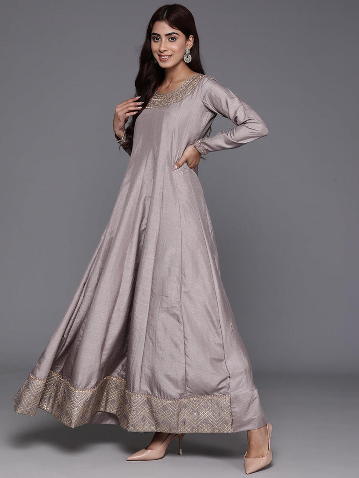 Libas Art Grey Yoke Design Silk Anarkali Kurta With Trousers & Dupatta - ShopLibas