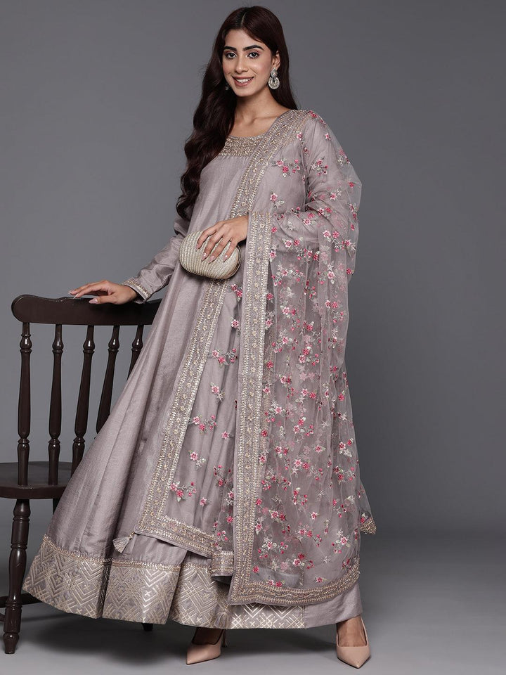 Libas Art Grey Yoke Design Silk Anarkali Kurta With Trousers & Dupatta - ShopLibas