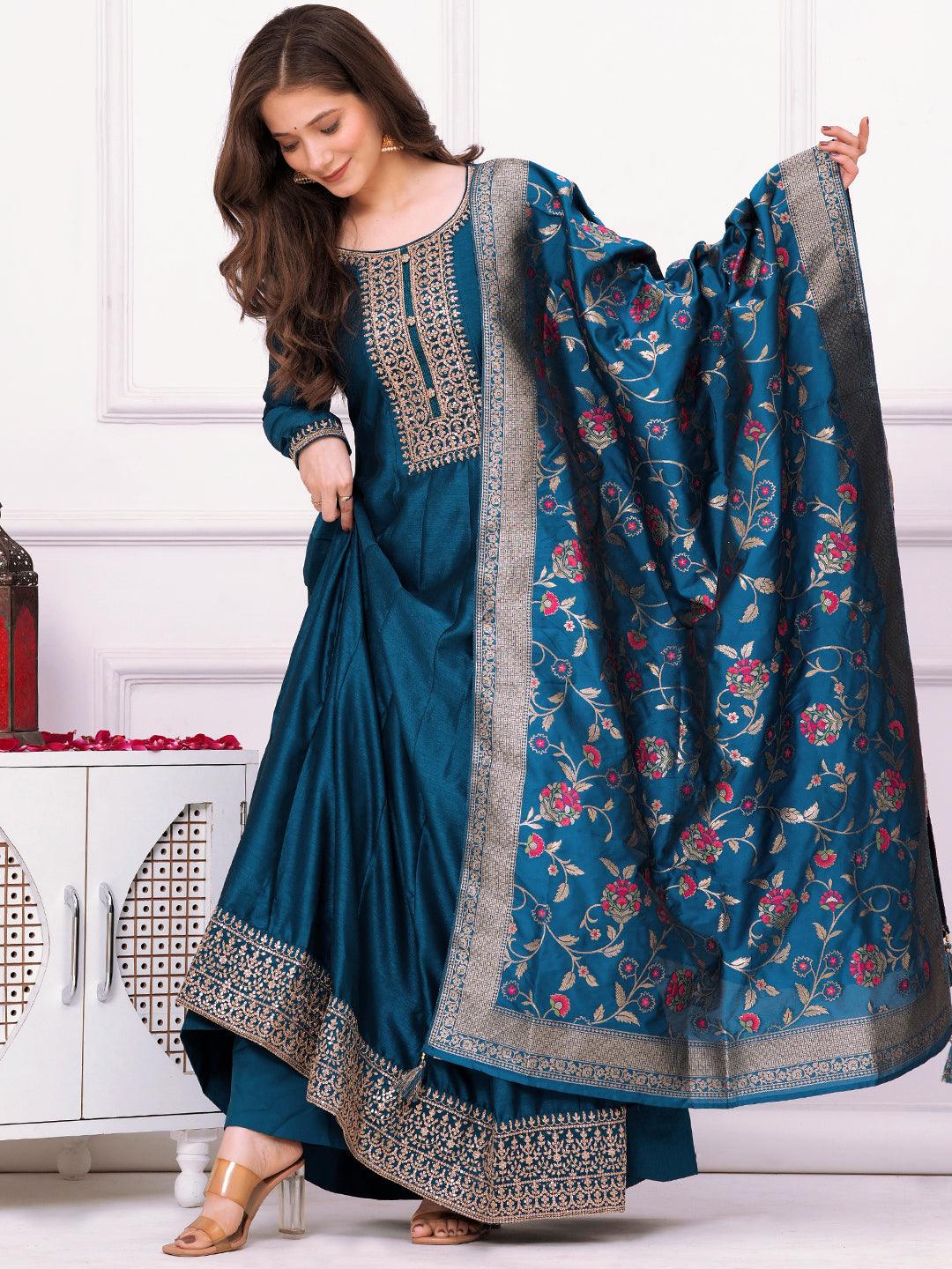 Teal Yoke Design Silk Blend Anarkali Suit With Dupatta