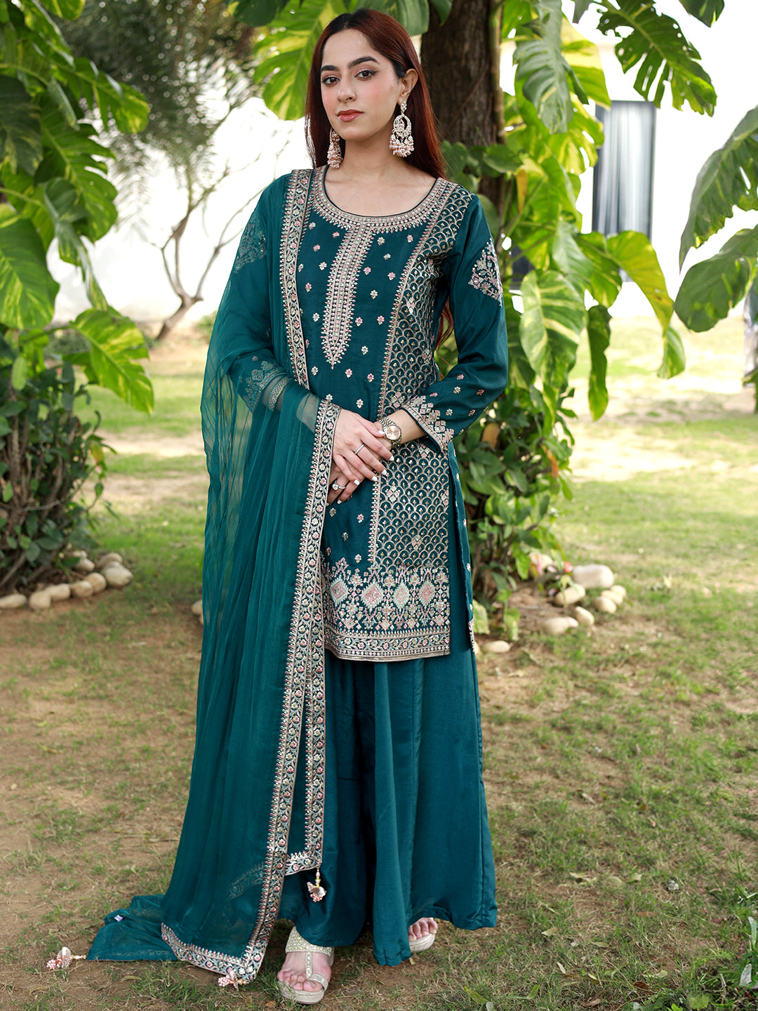 Libas Art Green Embroidered Silk Straight Suit With Dupatta