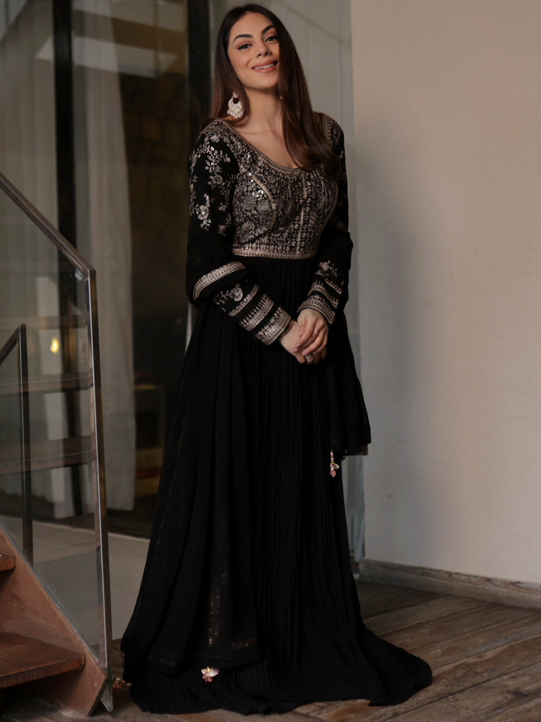 Libas Art Black Embroidered Georgette Anarkali Suit With Dupatta