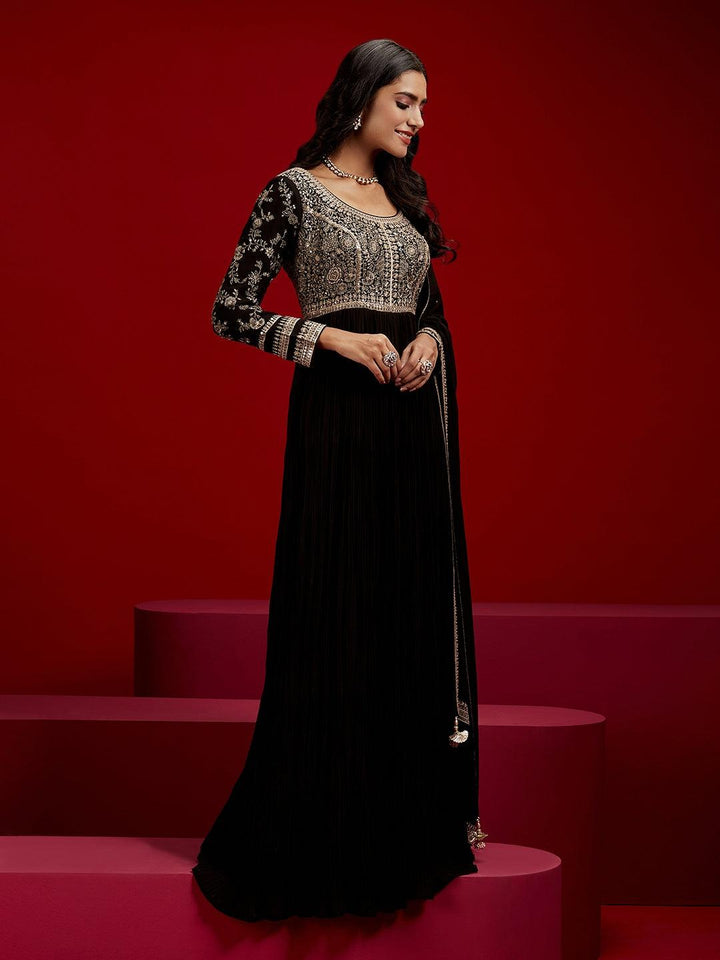 Libas Art Black Embroidered Georgette Anarkali Kurta With Trousers & Dupatta - ShopLibas