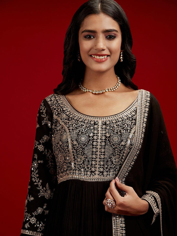 Libas Art Black Embroidered Georgette Anarkali Kurta With Trousers & Dupatta - ShopLibas