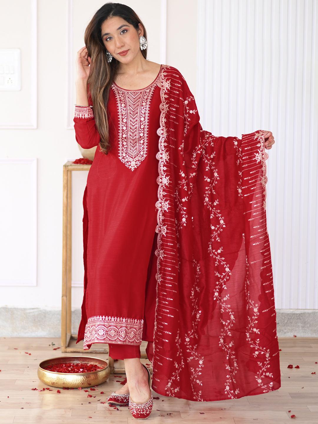 Hot Pink Yoke Design Silk Blend Straight Kurta With Trousers & Dupatta - ShopLibas