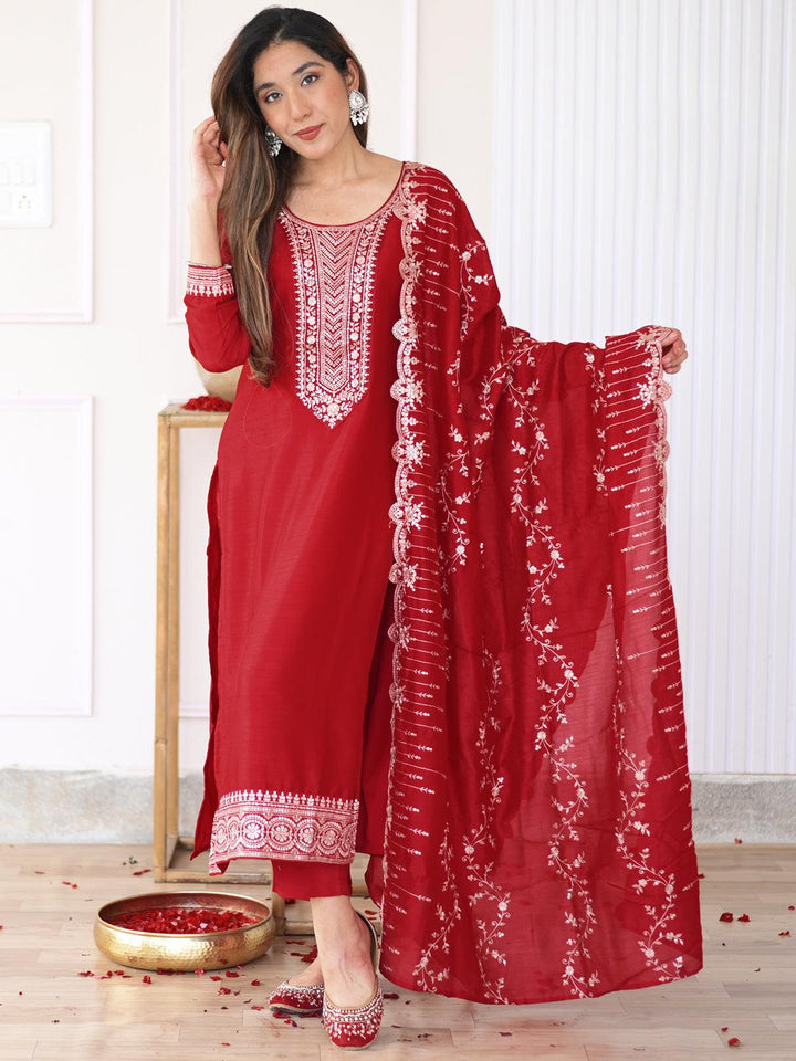 Hot Pink Yoke Design Silk Blend Straight Kurta With Trousers & Dupatta - ShopLibas