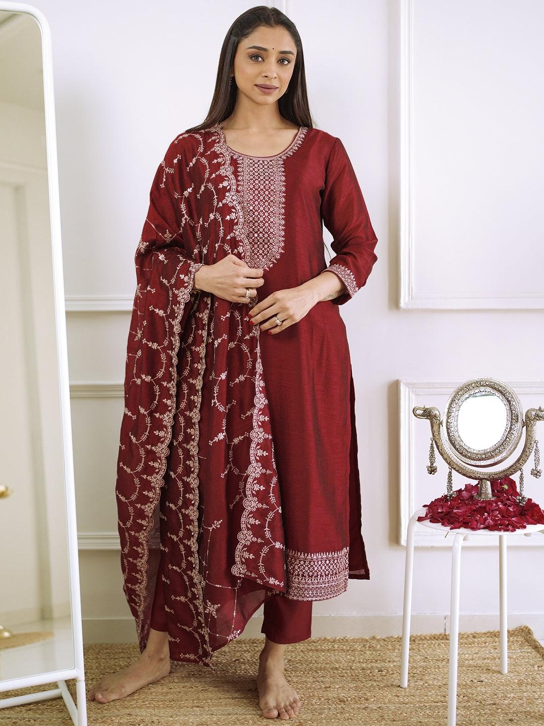 Maroon Yoke Design Silk Blend Straight Kurta With Trousers & Dupatta - ShopLibas