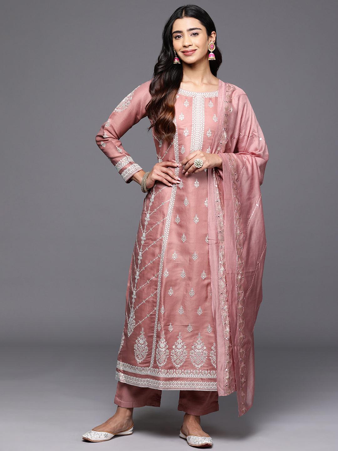 Libas Art Rusty Pink Embroidered Silk Blend A-Line Kurta With Trousers & Dupatta