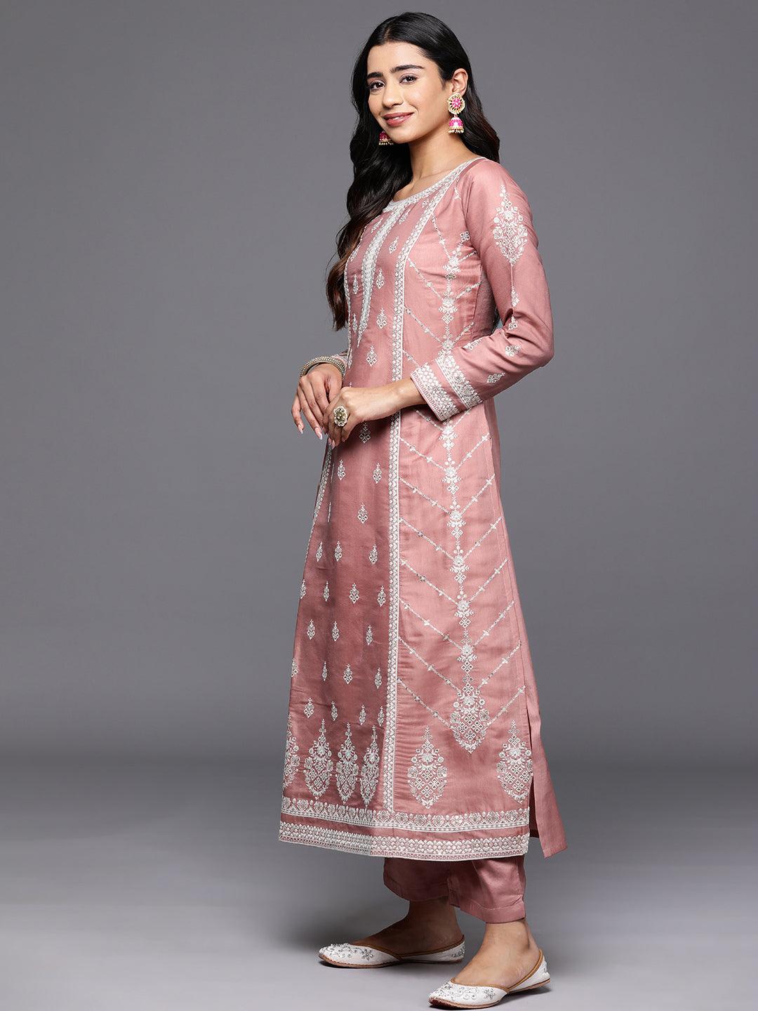 Libas Art Rusty Pink Embroidered Silk Blend A-Line Kurta With Trousers & Dupatta