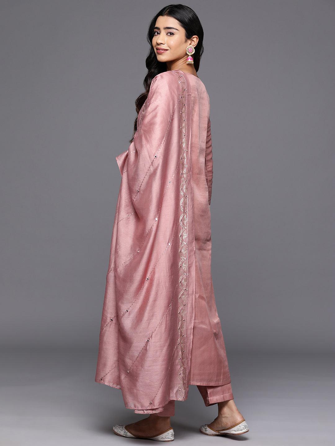 Libas Art Rusty Pink Embroidered Silk Blend A-Line Kurta With Trousers & Dupatta