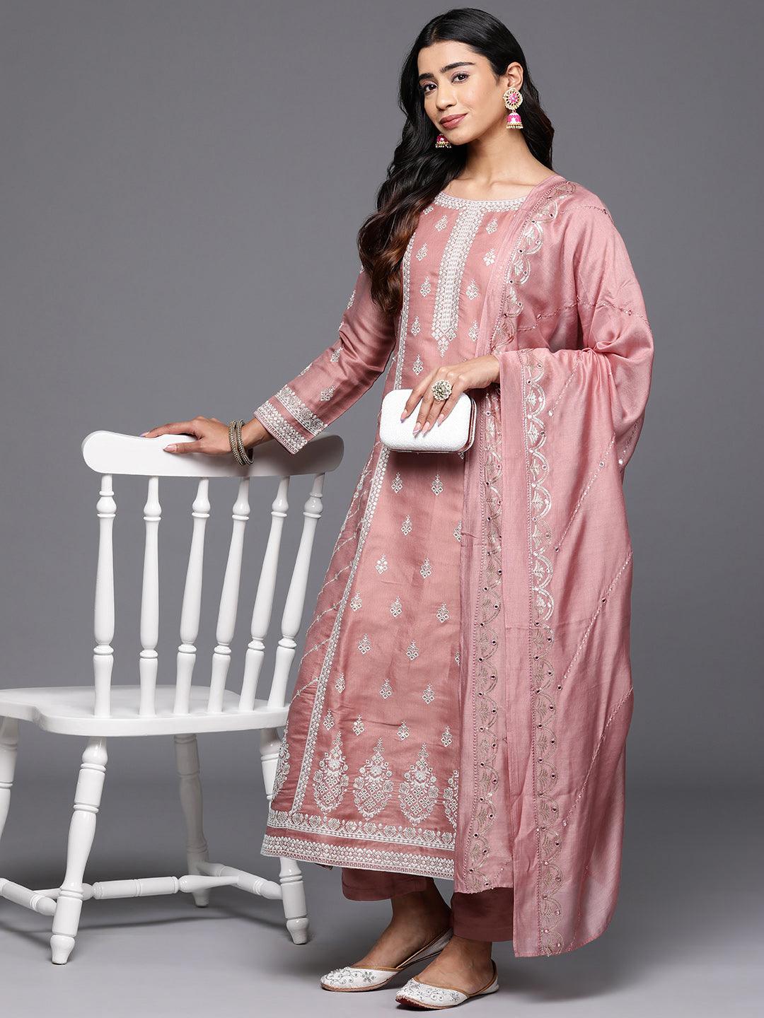 Libas Art Rusty Pink Embroidered Silk Blend A-Line Kurta With Trousers & Dupatta