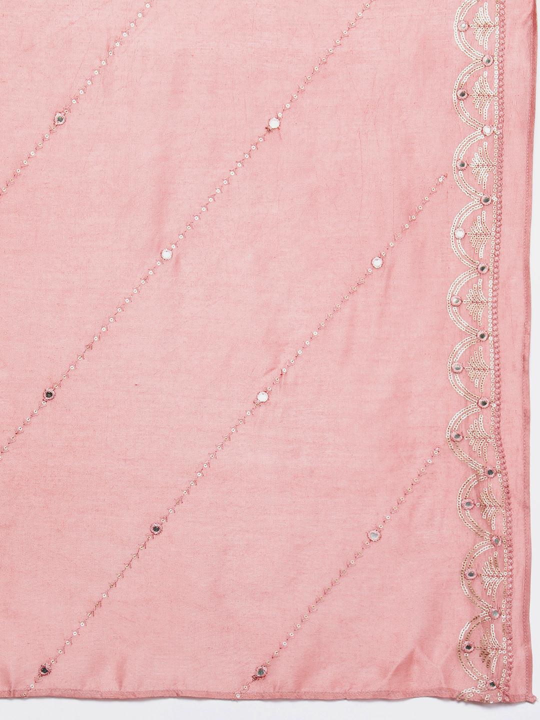 Libas Art Rusty Pink Embroidered Silk Blend A-Line Kurta With Trousers & Dupatta