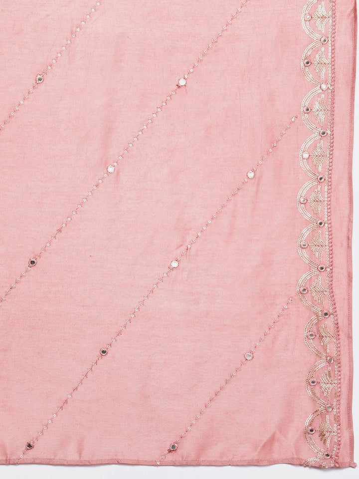 Libas Art Rusty Pink Embroidered Silk Blend A-Line Kurta With Trousers & Dupatta - ShopLibas