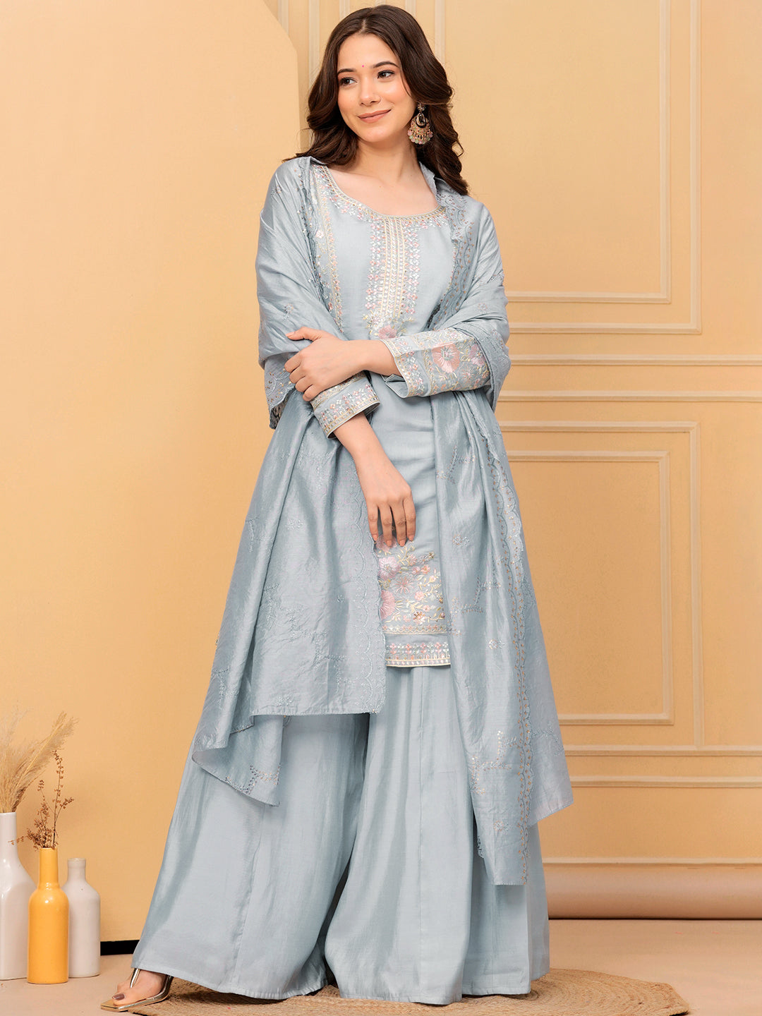 Libas Art Blue Embroidered Silk Blend Straight Suit With Dupatta