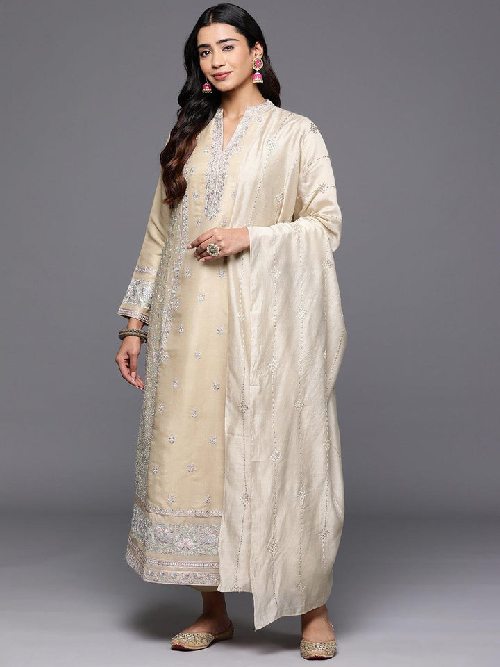 Libas Art Beige Embroidered Silk Blend A-Line Kurta With Trousers & Dupatta - ShopLibas