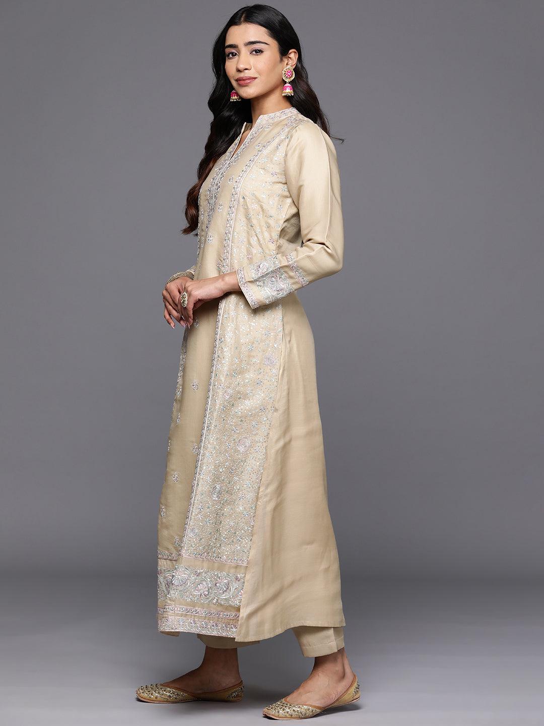 Libas Art Beige Embroidered Silk Blend A-Line Kurta With Trousers & Dupatta