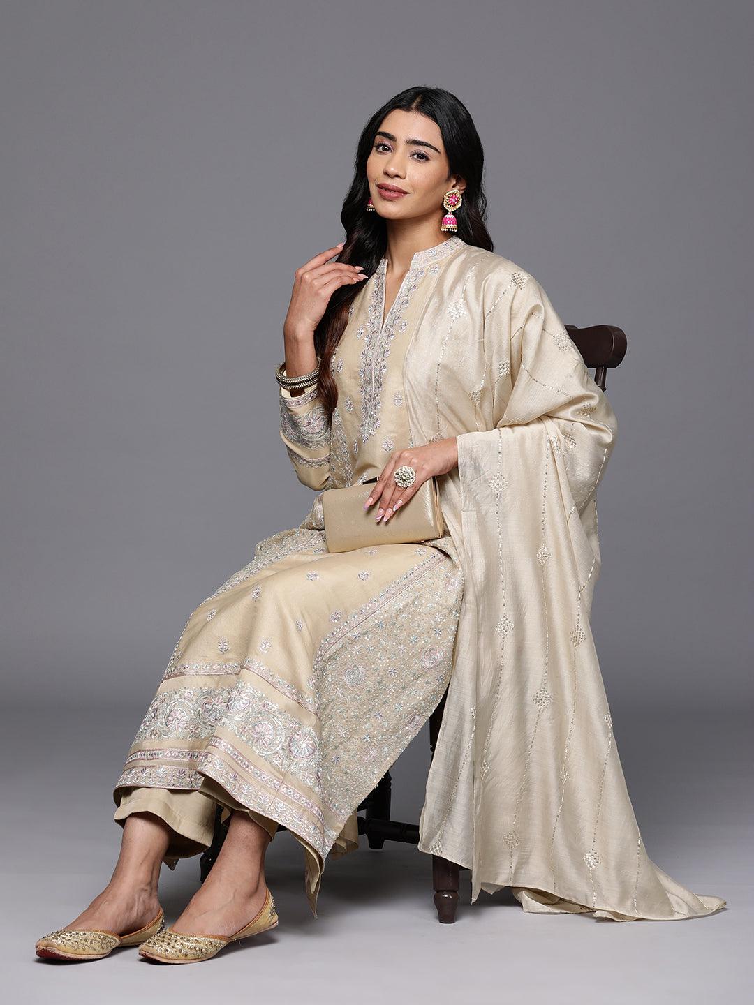 Libas Art Beige Embroidered Silk Blend A-Line Kurta With Trousers & Dupatta