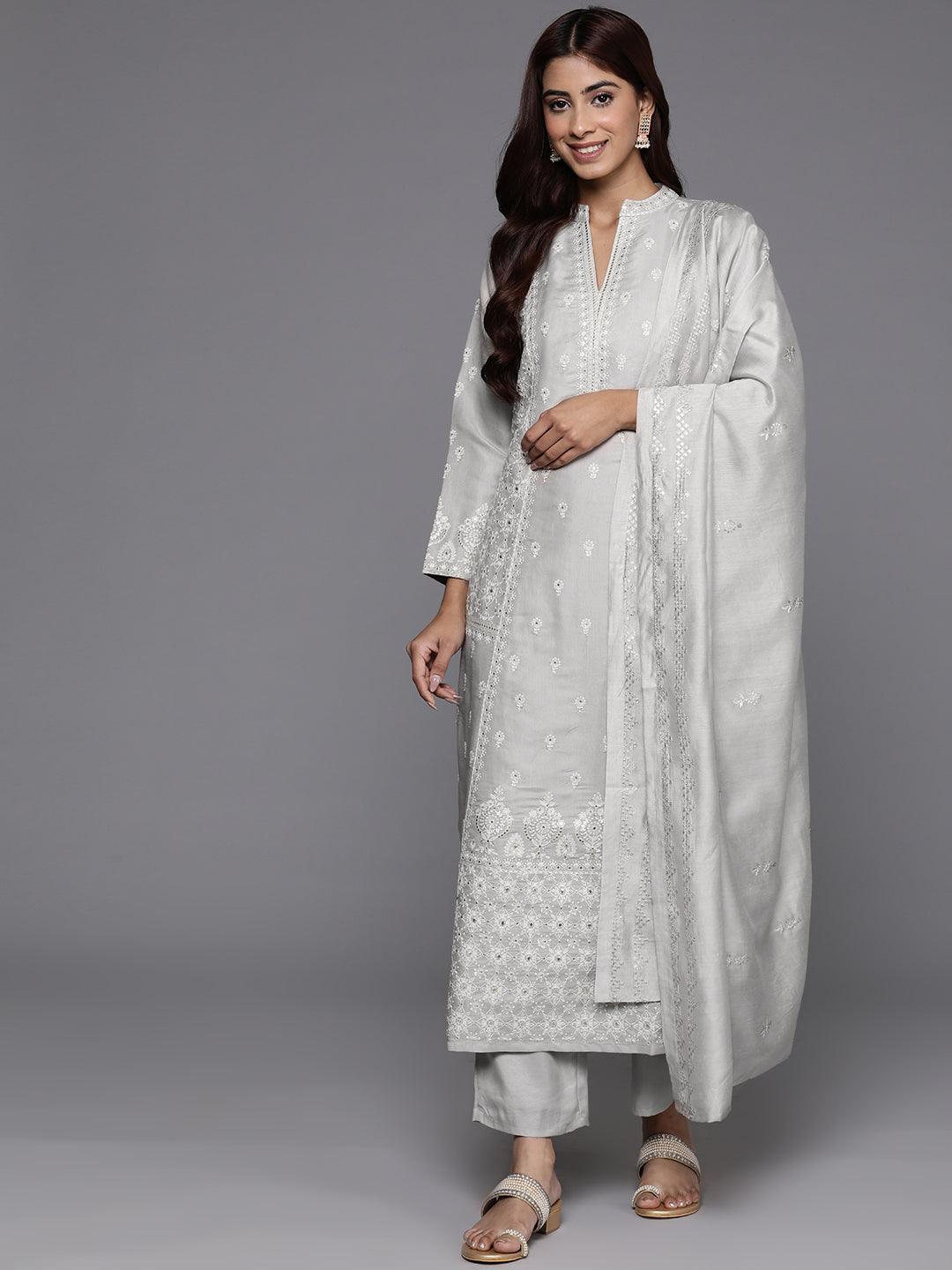 Libas Art Taupe Embroidered Silk Blend A-Line Kurta With Trousers & Dupatta