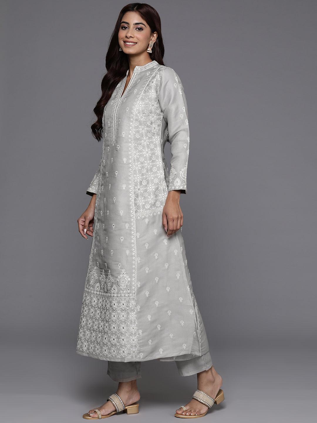 Libas Art Taupe Embroidered Silk Blend A-Line Kurta With Trousers & Dupatta