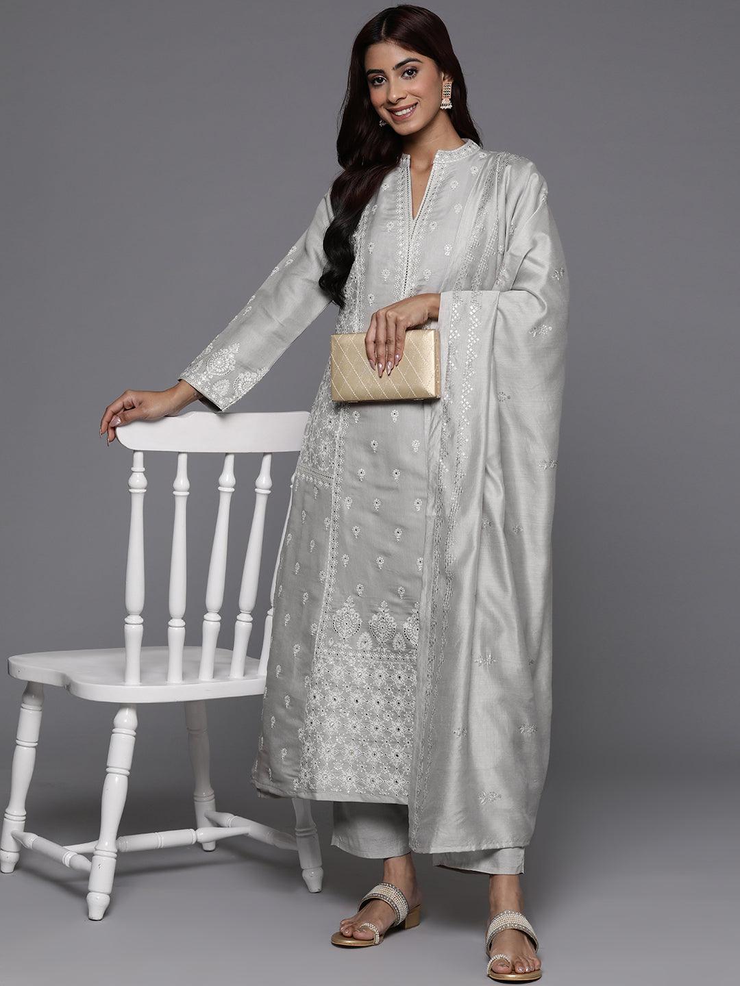 Libas Art Taupe Embroidered Silk Blend A-Line Kurta With Trousers & Dupatta