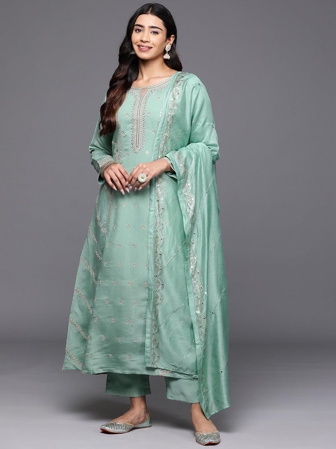 Libas Art Sea Green Embroidered Silk Blend A-Line Kurta With Trousers & Dupatta