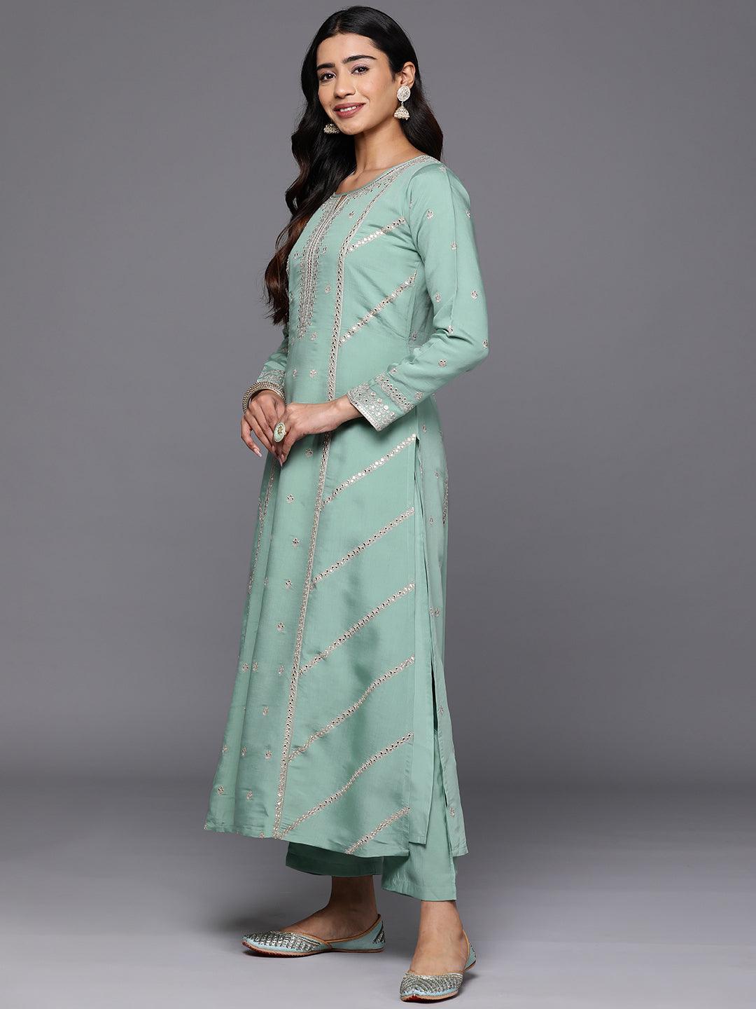 Libas Art Sea Green Embroidered Silk Blend A-Line Kurta With Trousers & Dupatta