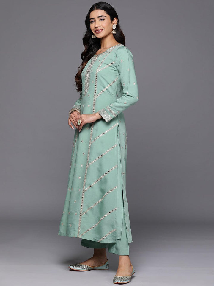 Libas Art Sea Green Embroidered Silk Blend A-Line Kurta With Trousers & Dupatta - ShopLibas