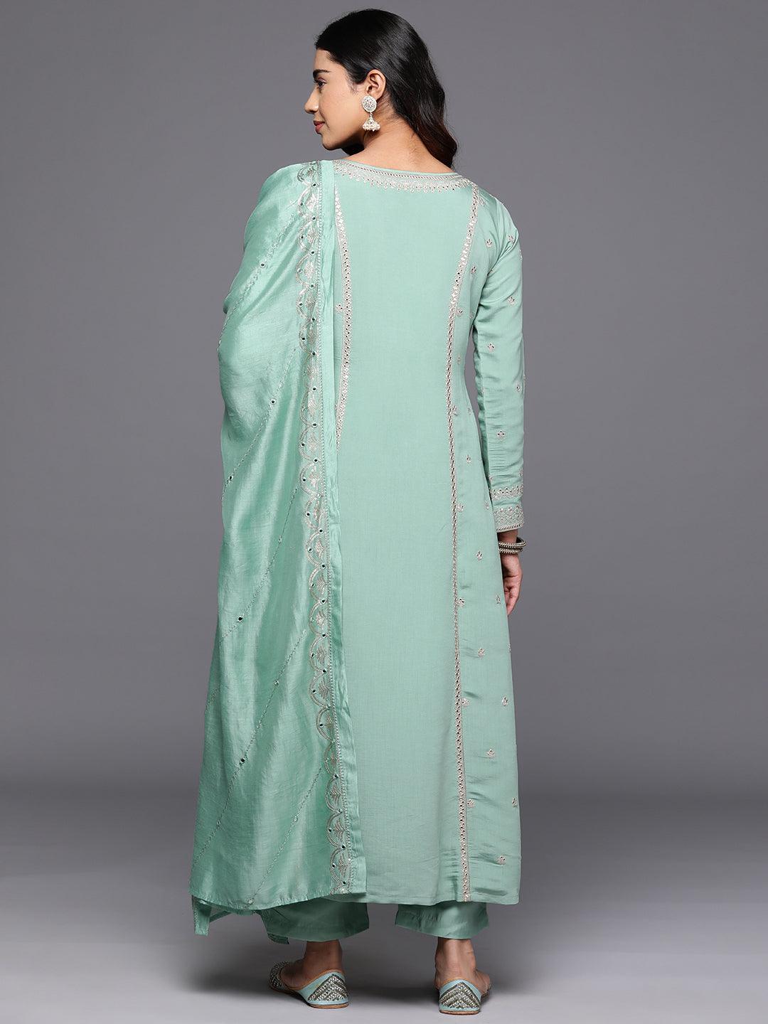 Libas Art Sea Green Embroidered Silk Blend A-Line Kurta With Trousers & Dupatta