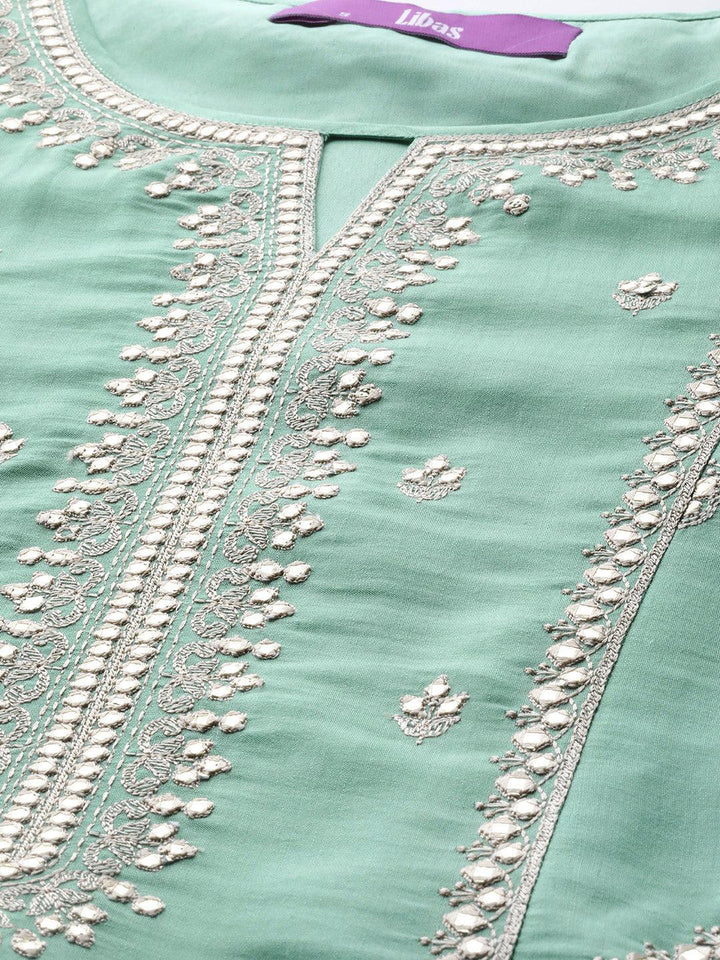 Libas Art Sea Green Embroidered Silk Blend A-Line Kurta With Trousers & Dupatta - ShopLibas