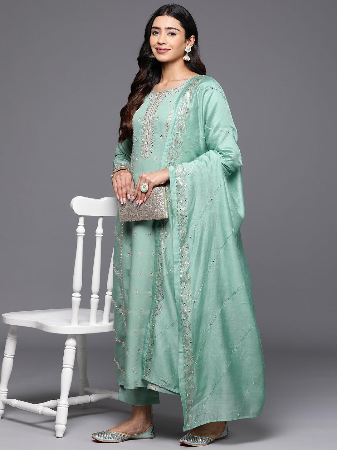 Libas Art Sea Green Embroidered Silk Blend A-Line Kurta With Trousers & Dupatta