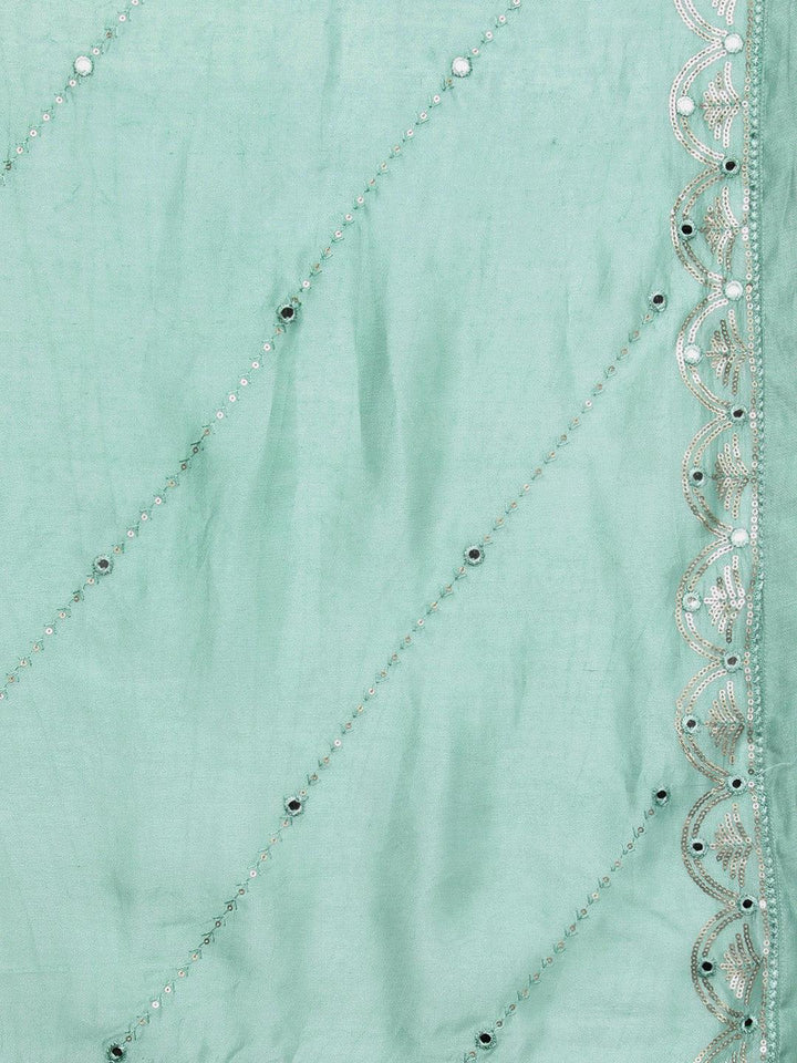 Libas Art Sea Green Embroidered Silk Blend A-Line Kurta With Trousers & Dupatta - ShopLibas