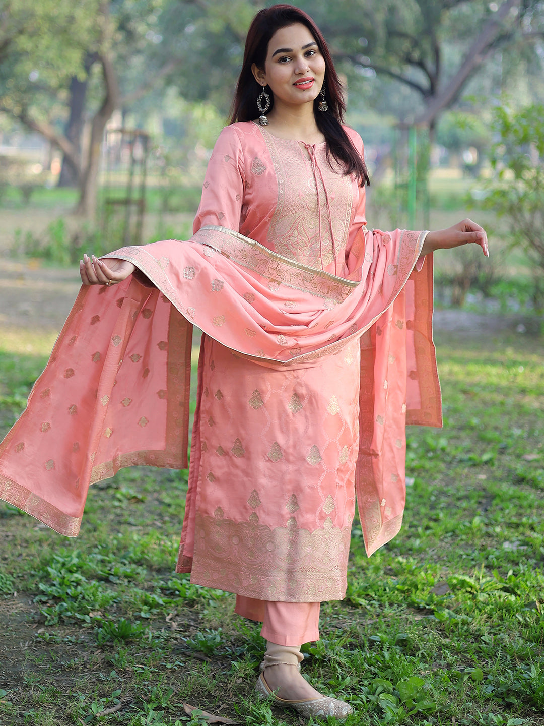 Libas Art Peach Woven Design Silk Straight Suit With Dupatta