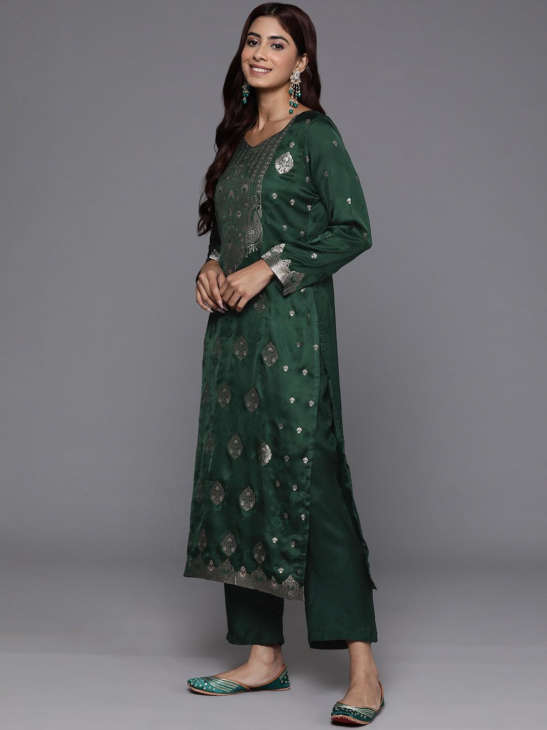 Libas Art Green Embroidered Silk Straight Suit With Dupatta