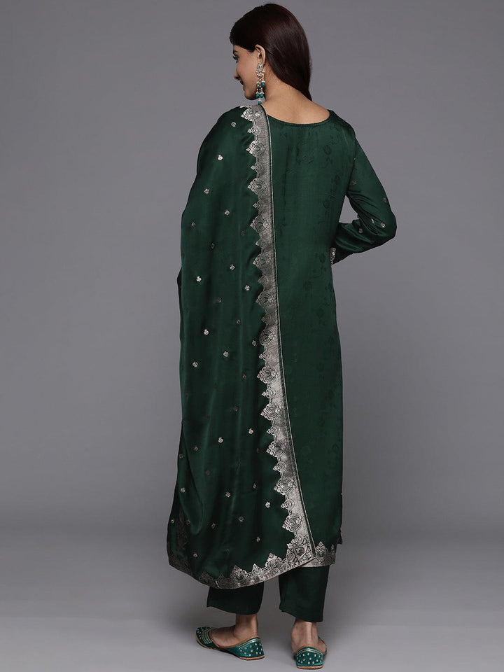 Libas Art Green Embroidered Silk Straight Kurta With Trousers & Dupatta - ShopLibas