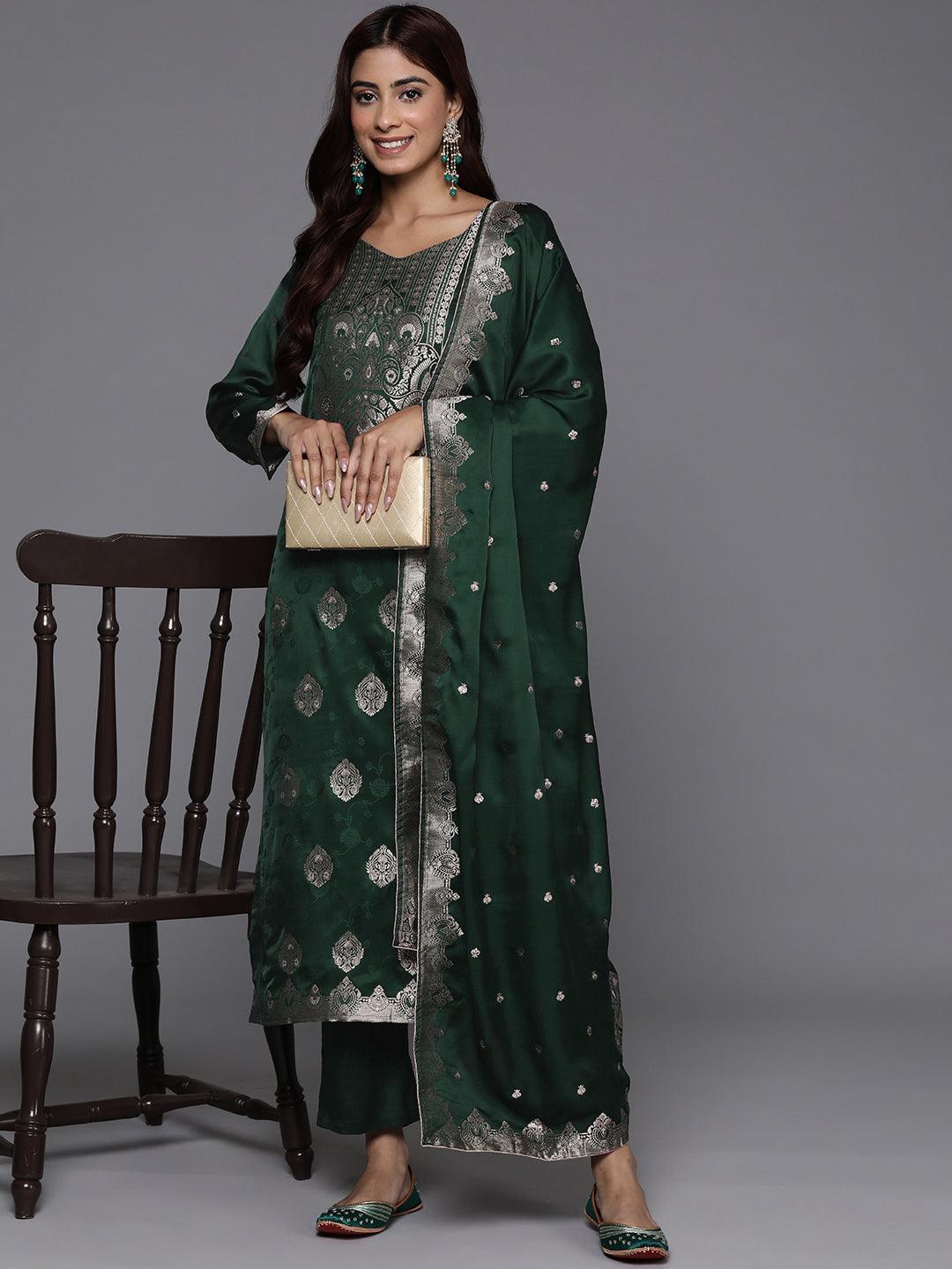 Libas Art Green Embroidered Silk Straight Kurta With Trousers & Dupatta - ShopLibas