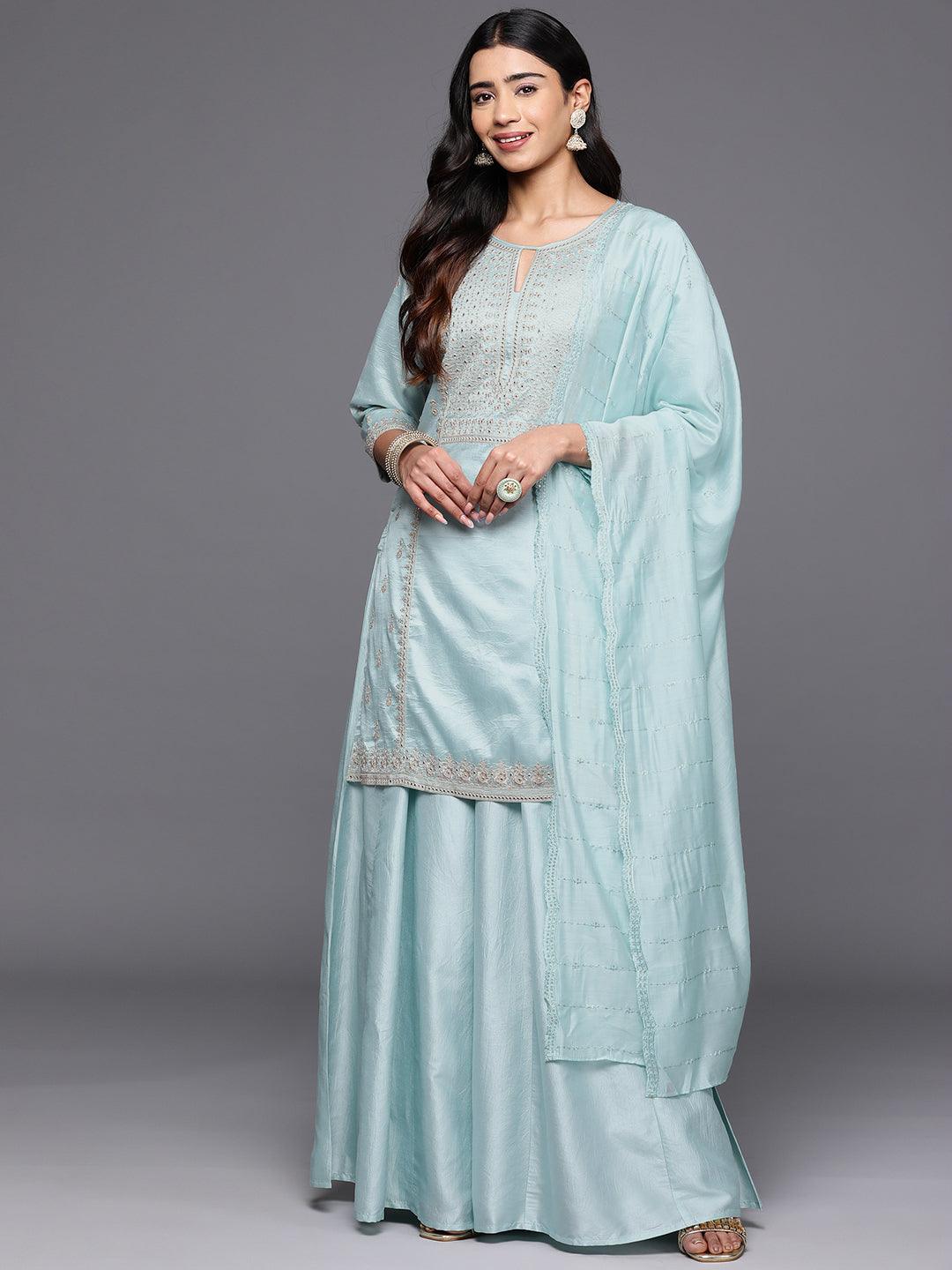 Libas Art Sea Green Embroidered Silk Blend Straight Kurta With Palazzos & Dupatta - ShopLibas