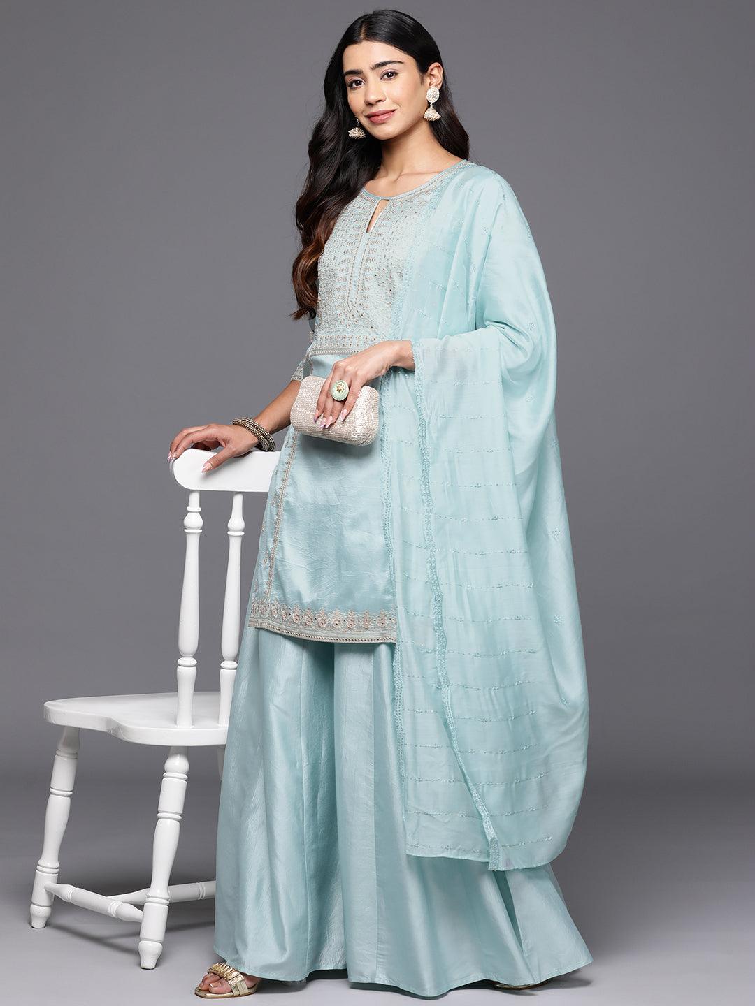 Libas Art Sea Green Embroidered Silk Blend Straight Kurta With Palazzos & Dupatta - ShopLibas