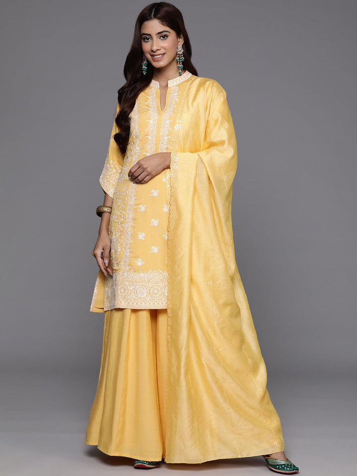 Libas Art Yellow Embroidered Silk Blend Straight Kurta With Palazzos & Dupatta - ShopLibas