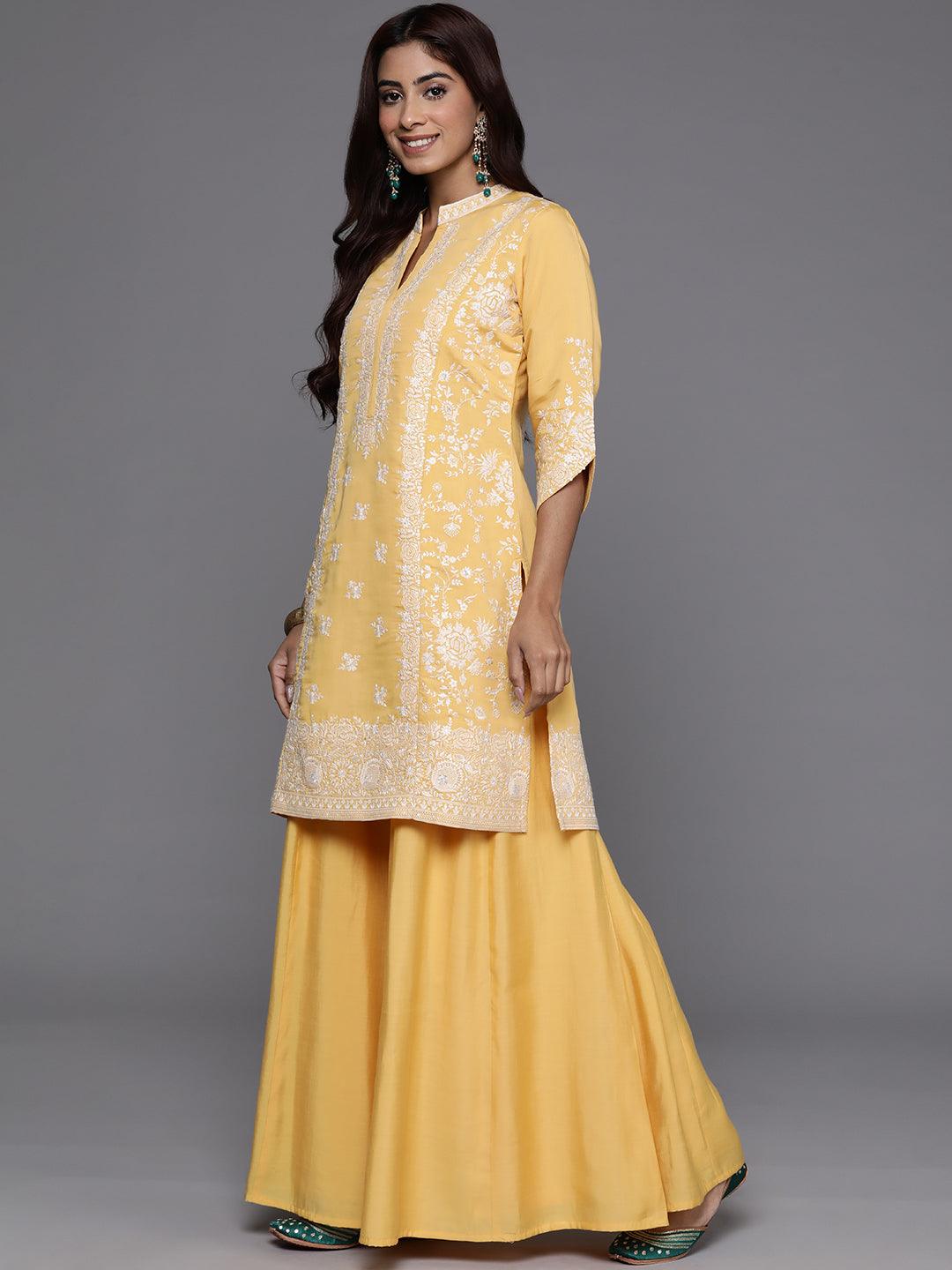 Libas Art Yellow Embroidered Silk Blend Straight Suit With Dupatta