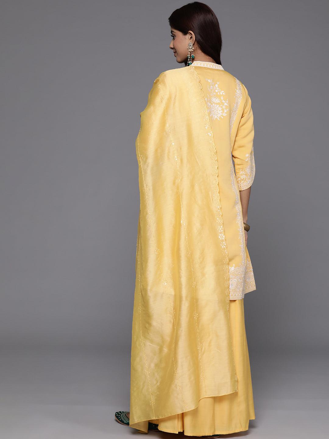 Libas Art Yellow Embroidered Silk Blend Straight Kurta With Palazzos & Dupatta - ShopLibas