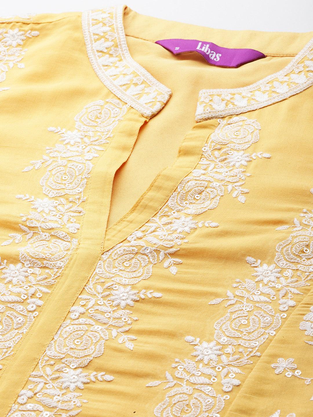 Libas Art Yellow Embroidered Silk Blend Straight Kurta With Palazzos & Dupatta - ShopLibas