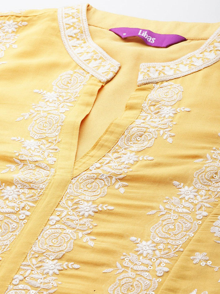 Libas Art Yellow Embroidered Silk Blend Straight Kurta With Palazzos & Dupatta - ShopLibas