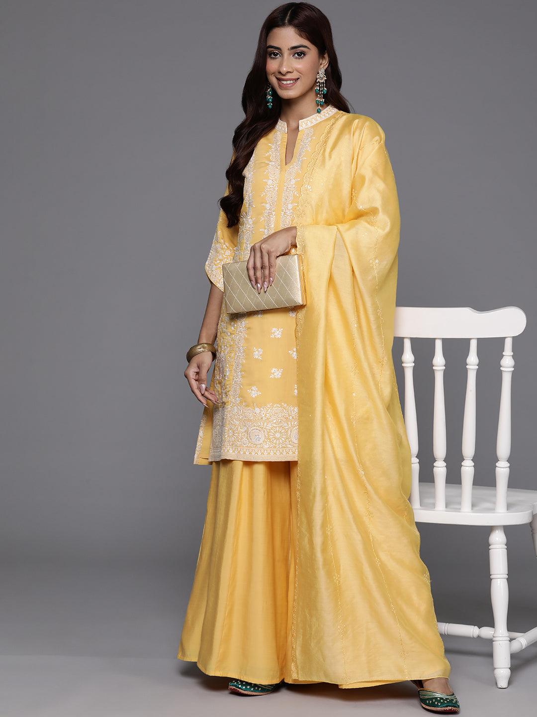 Libas Art Yellow Embroidered Silk Blend Straight Suit With Dupatta