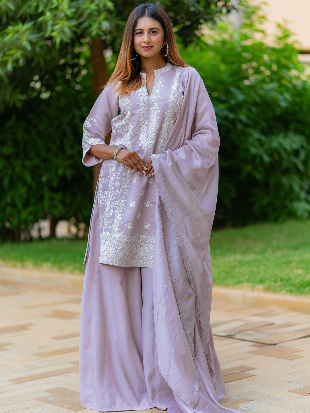 Libas Art Mauve Embroidered Silk Blend Straight Suit With Dupatta