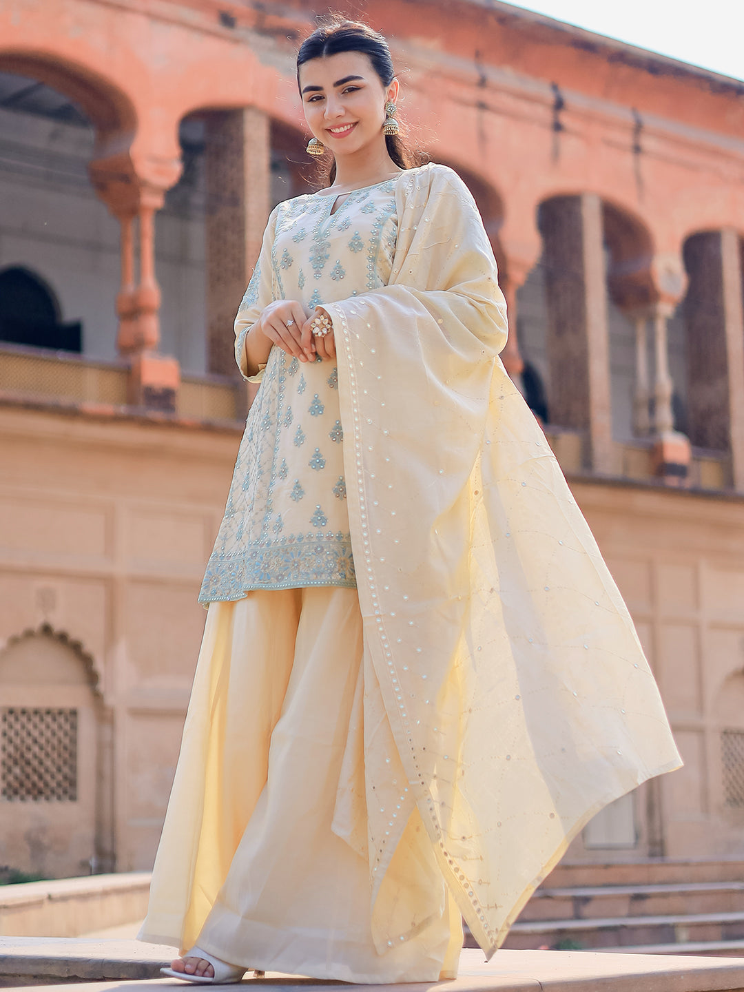 Libas Art Beige Embroidered Silk Blend Straight Suit With Dupatta