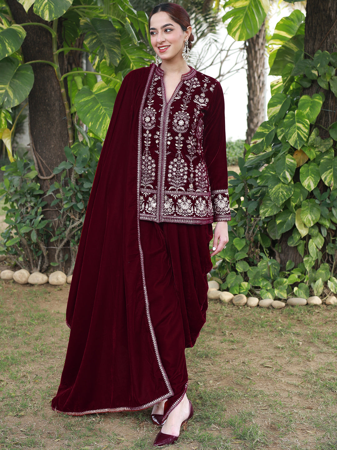 Libas Art Maroon Embroidered Velvet Straight Suit With Dupatta