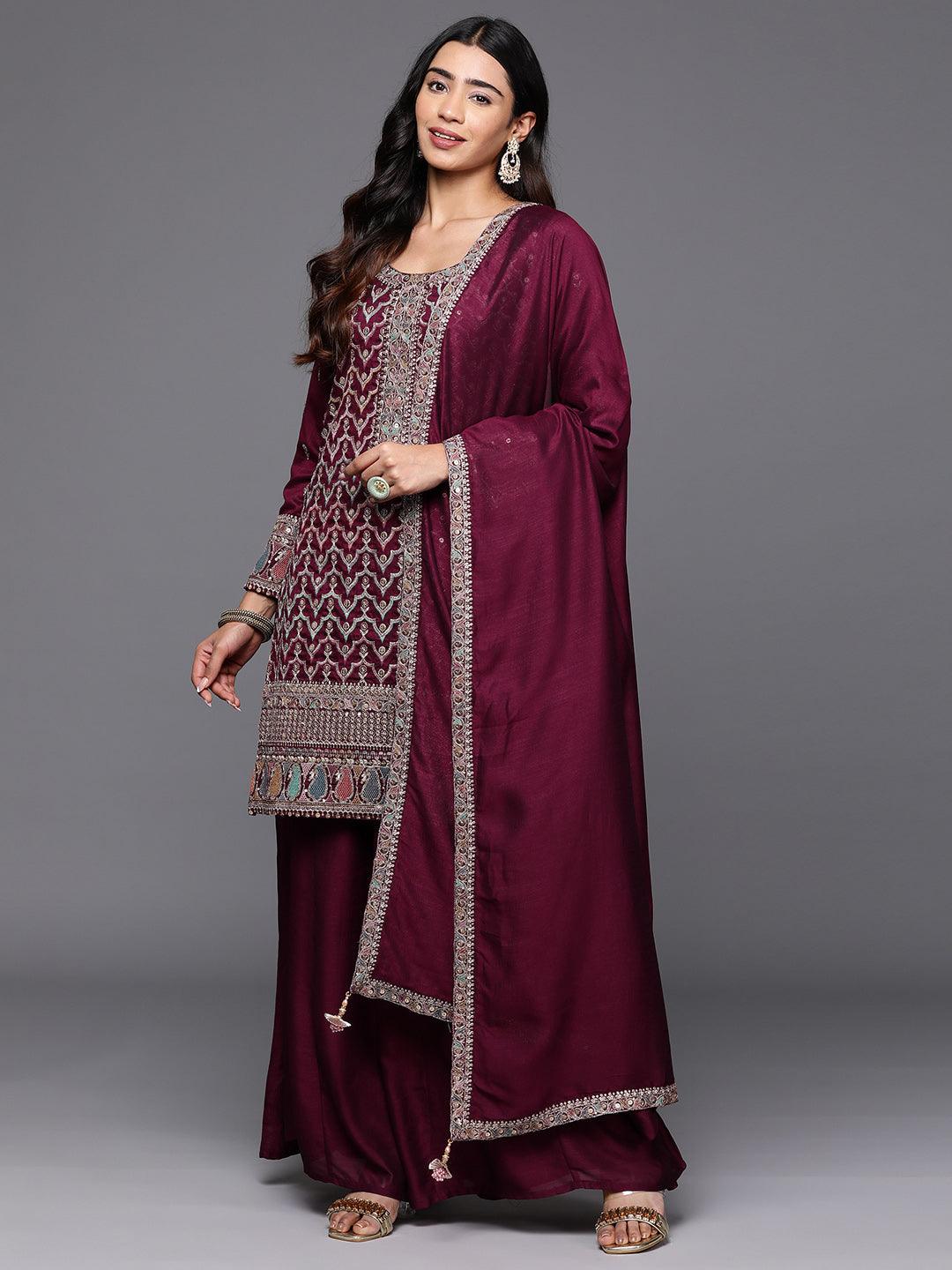 Libas Art Maroon Embroidered Silk Blend Straight Suit With Dupatta